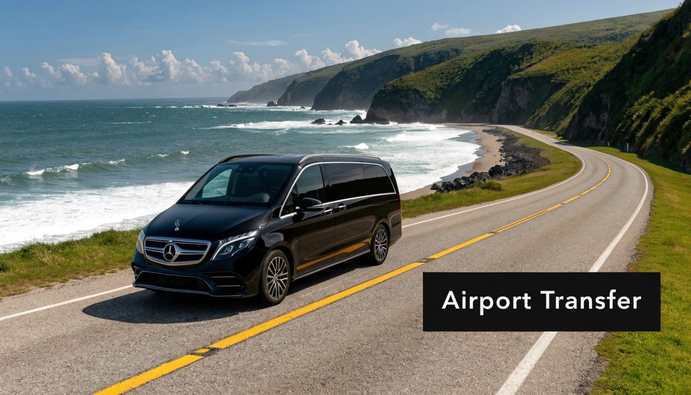 A black Mercedes-Benz luxury van driving along a scenic coastal highway during an airport transfer service.