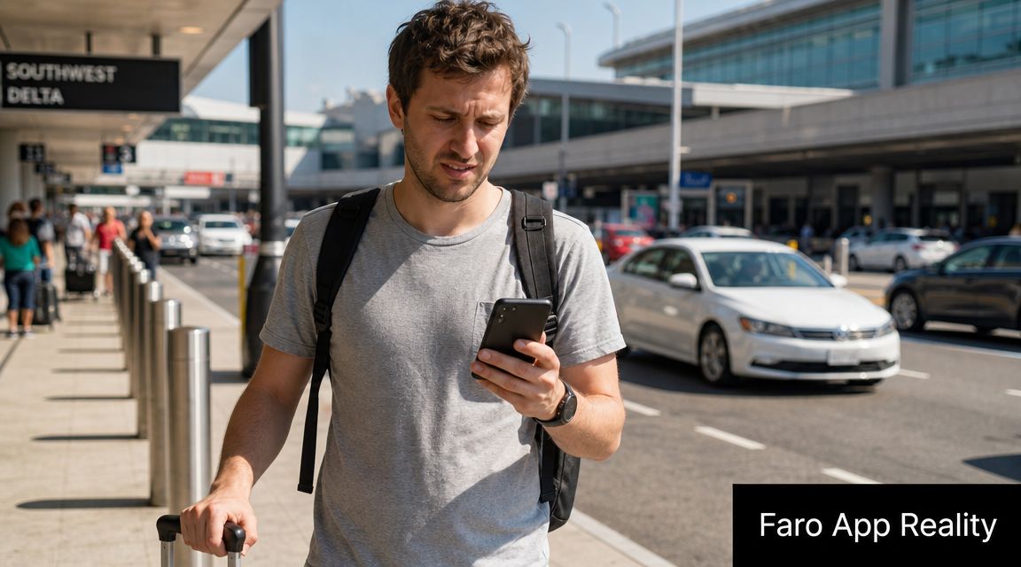 A traveler walking outside an airport terminal with luggage while looking at his smartphone
