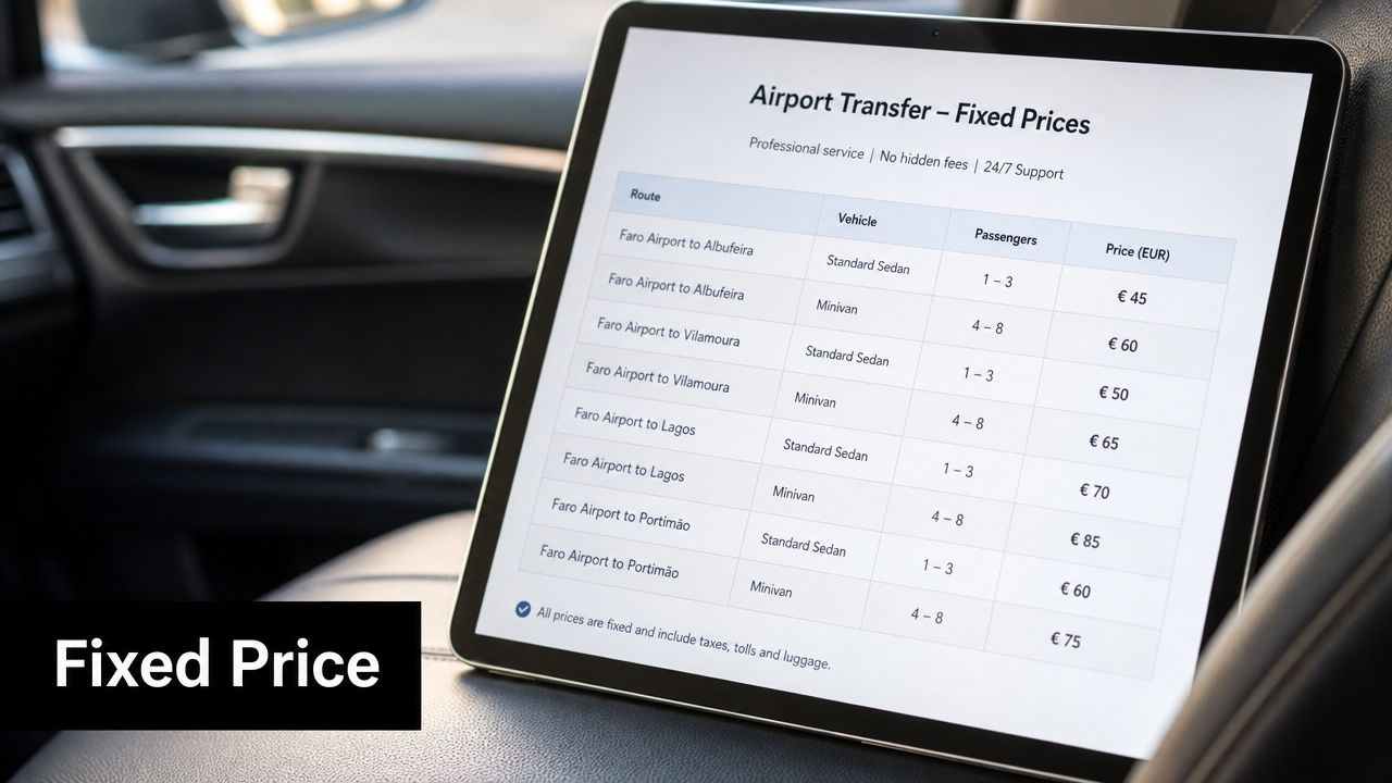 A digital tablet inside a car displays a price list for fixed-rate airport transfers from Faro Airport.