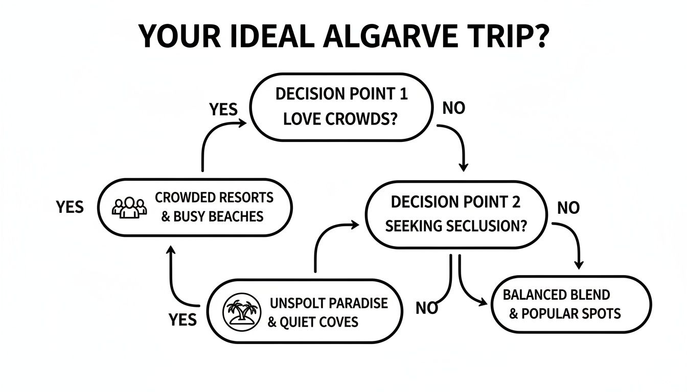 Flowchart illustrating choices for an ideal Algarve trip based on preferences for crowds or seclusion.