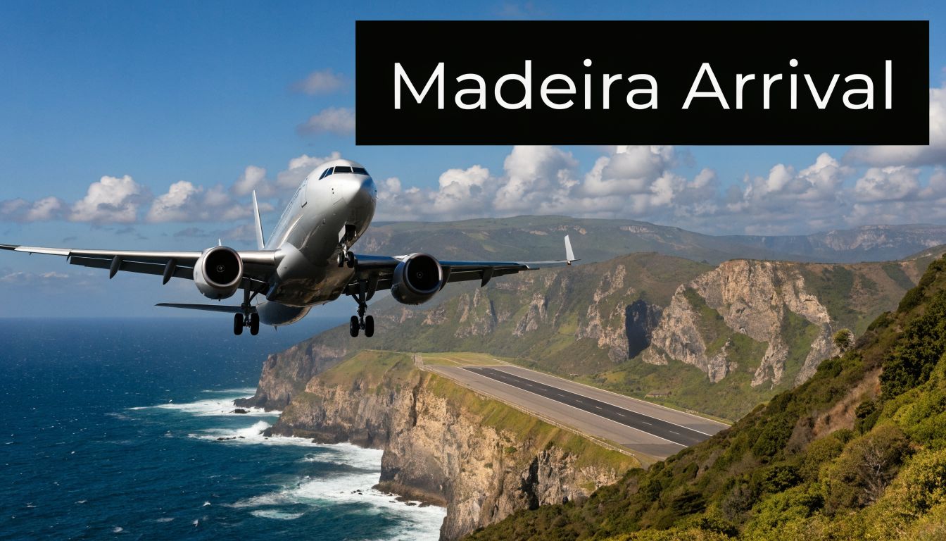 A passenger airplane landing on a scenic runway built along the rocky coastline of Madeira island.