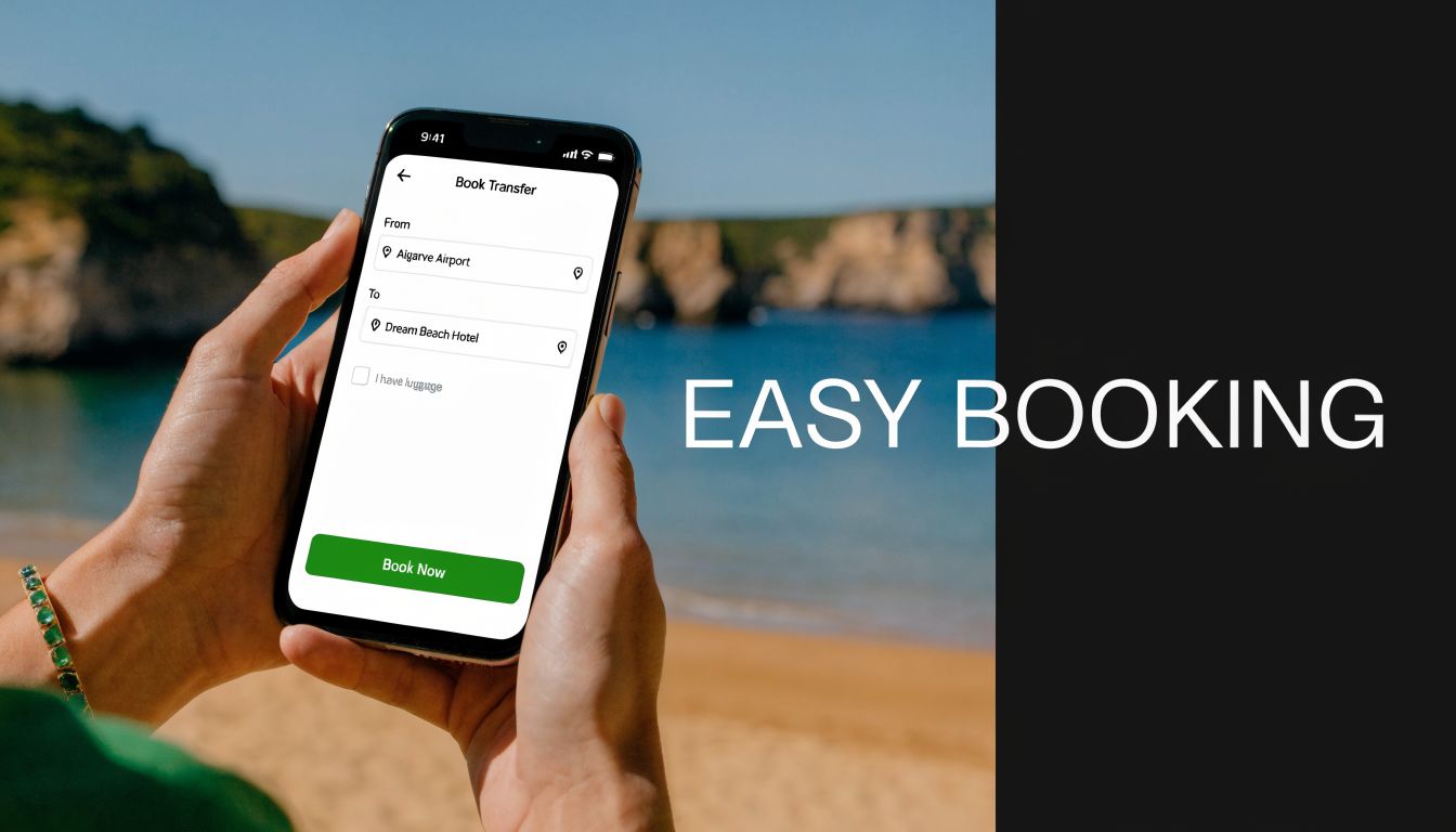 A person holding a smartphone displaying an airport transfer booking application on a sunny beach background.