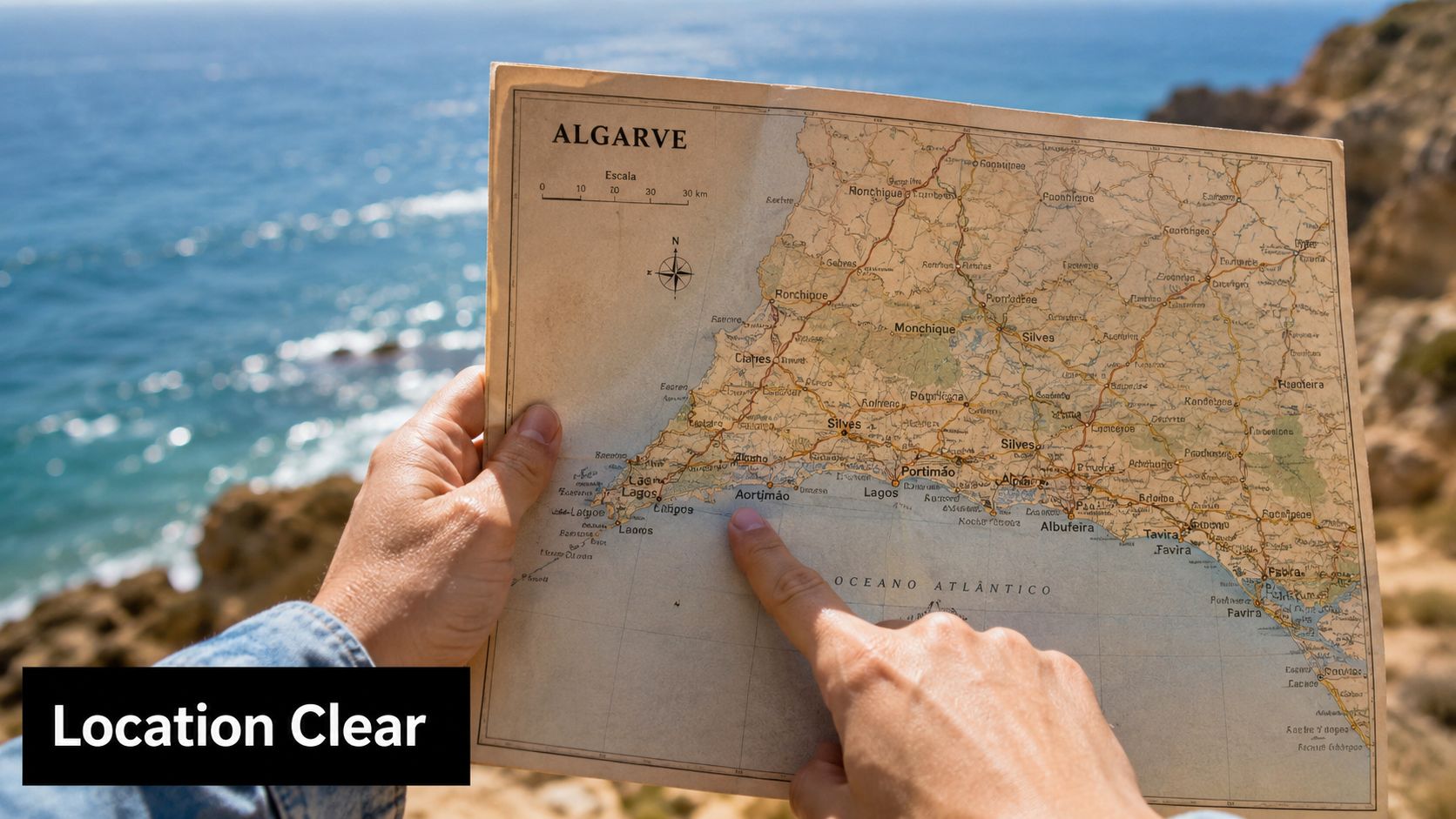 A person holds and points at a map of the Algarve region in Portugal near the ocean.