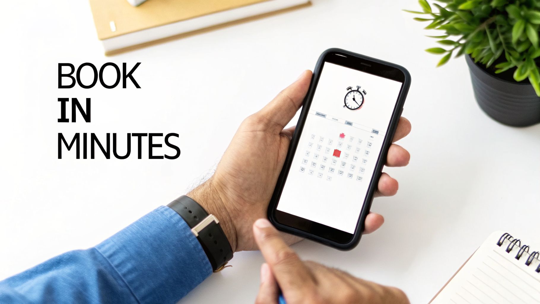 A hand holds a smartphone displaying a calendar with a stopwatch icon, next to the text 'BOOK IN MINUTES'.
