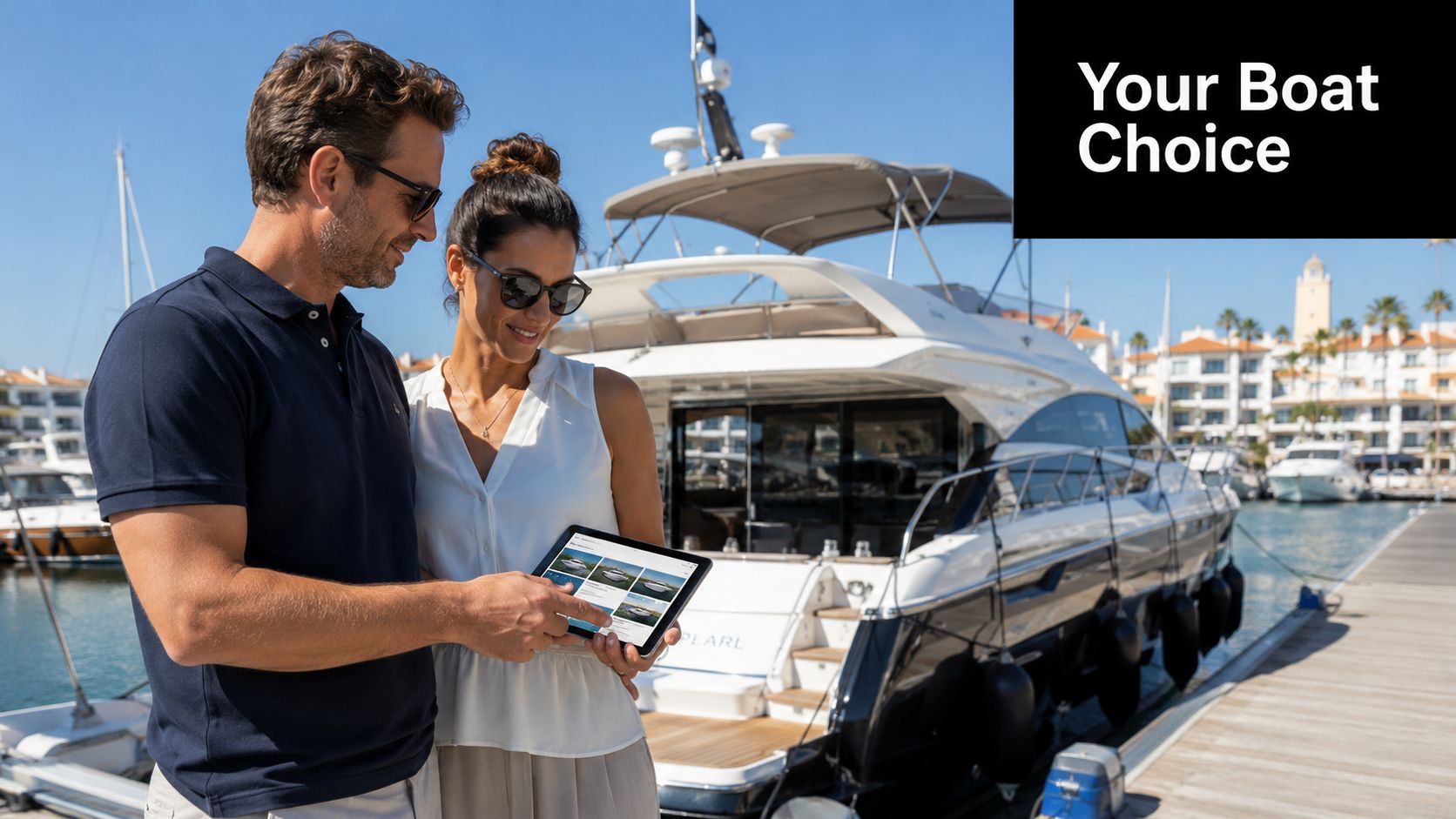 A couple browsing boat rental options on a tablet at a sunny marina in Vilamoura, Portugal.