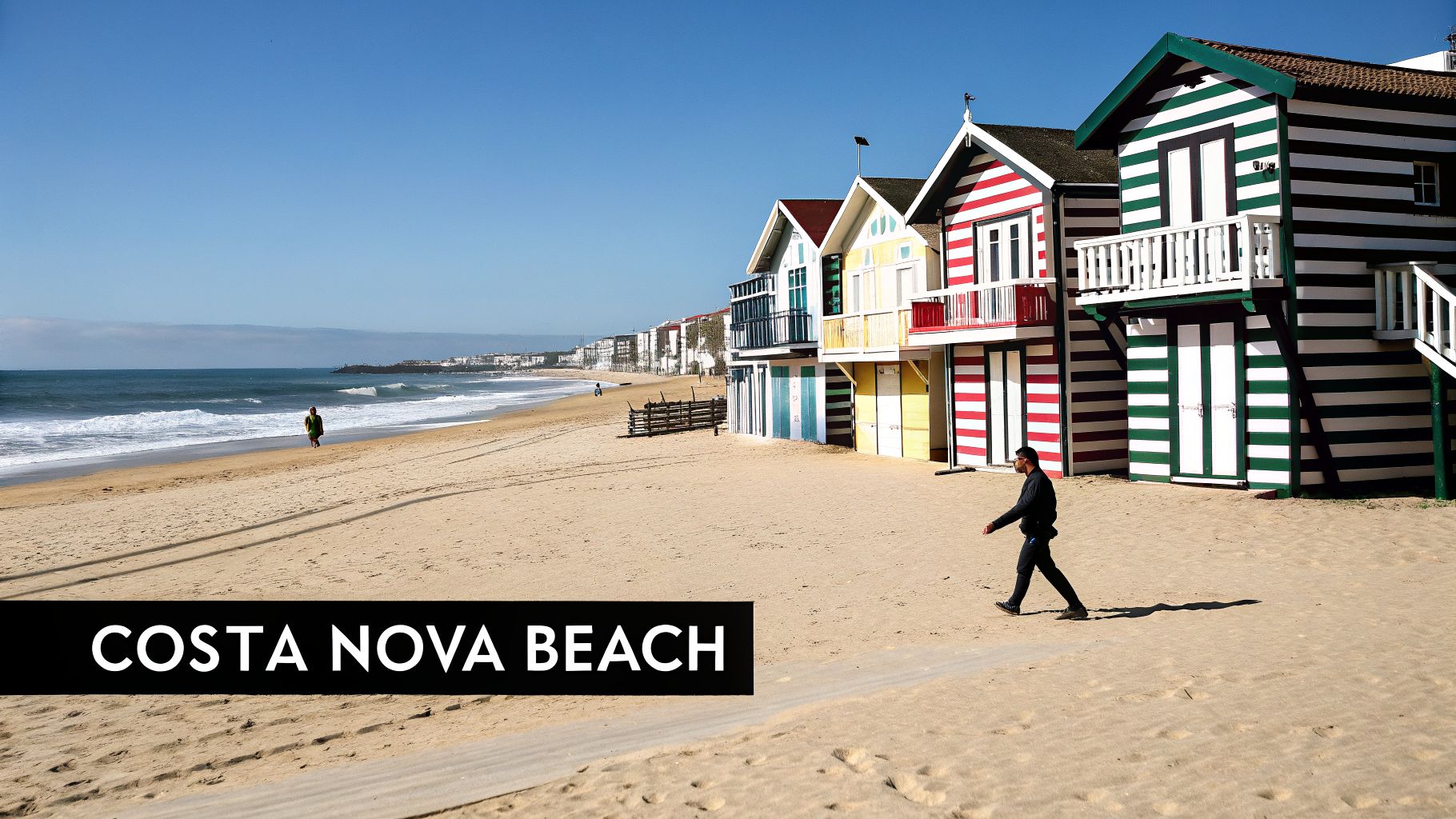 Colorful striped beach houses line the sandy Costa Nova Beach with people walking and ocean waves.