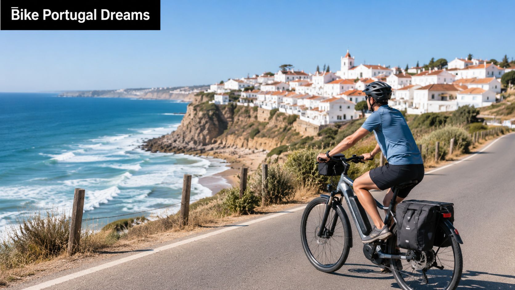 A cyclist riding an electric bike on a coastal road overlooking a beautiful Portuguese seaside village.