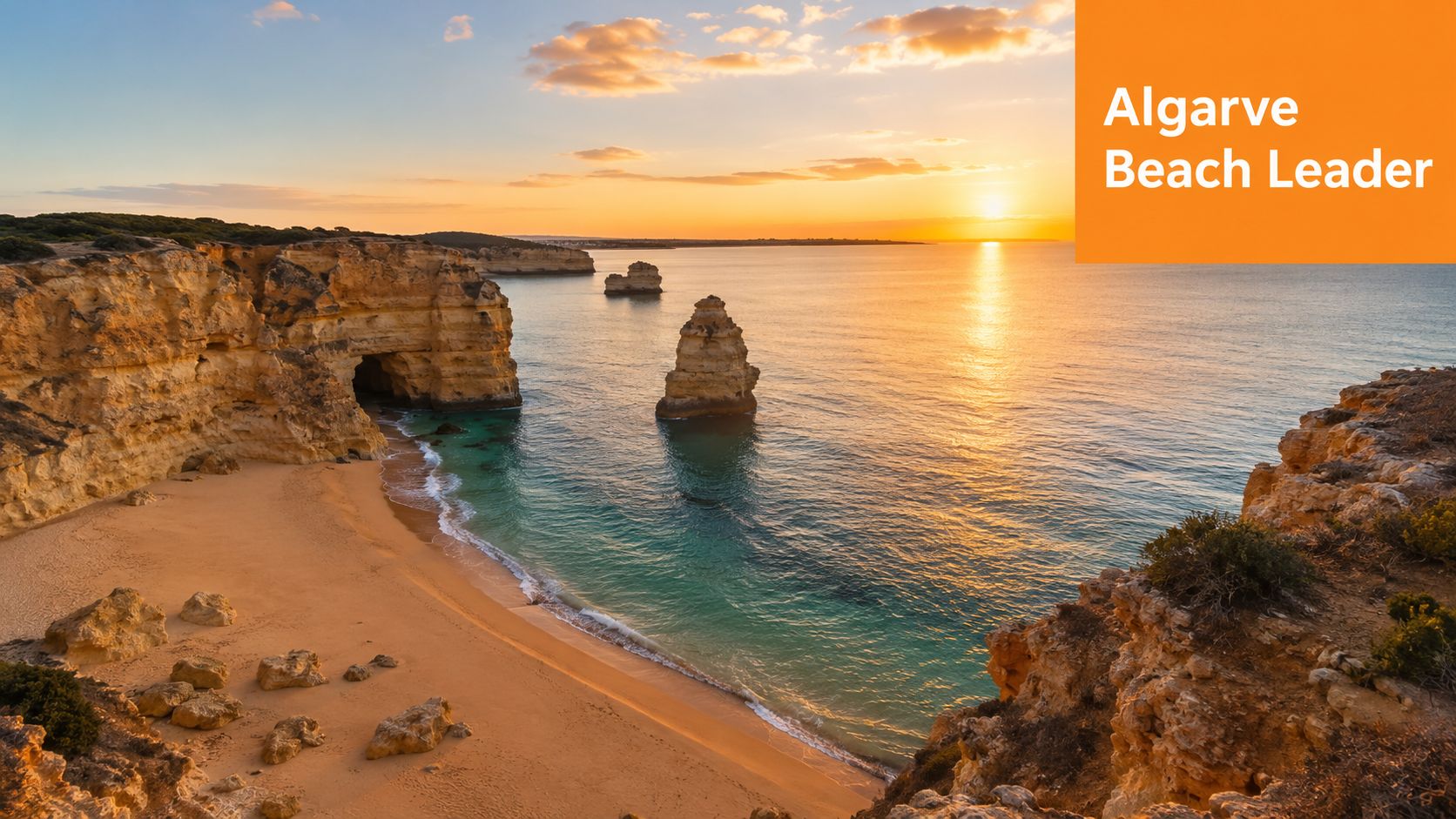 A scenic sunset over a golden sandy beach with rocky cliffs and sea stacks in the Algarve, Portugal.