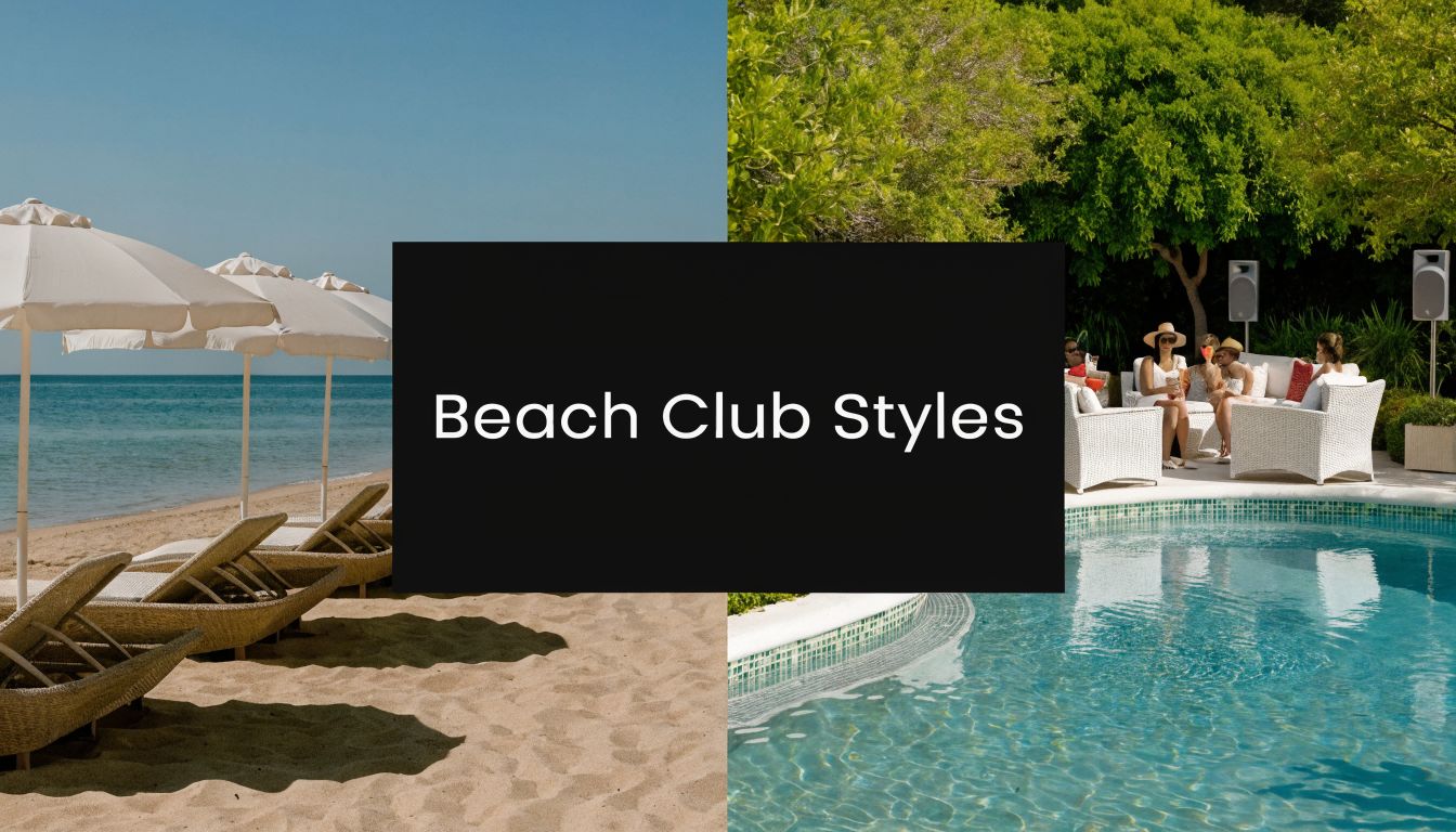 A split screen showing a sandy beach with lounge chairs and a luxurious poolside seating area.
