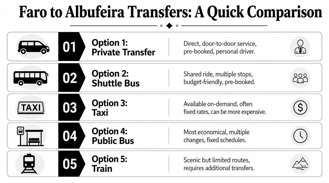 A comparison chart outlining five different transportation options for traveling from Faro to Albufeira in Portugal.