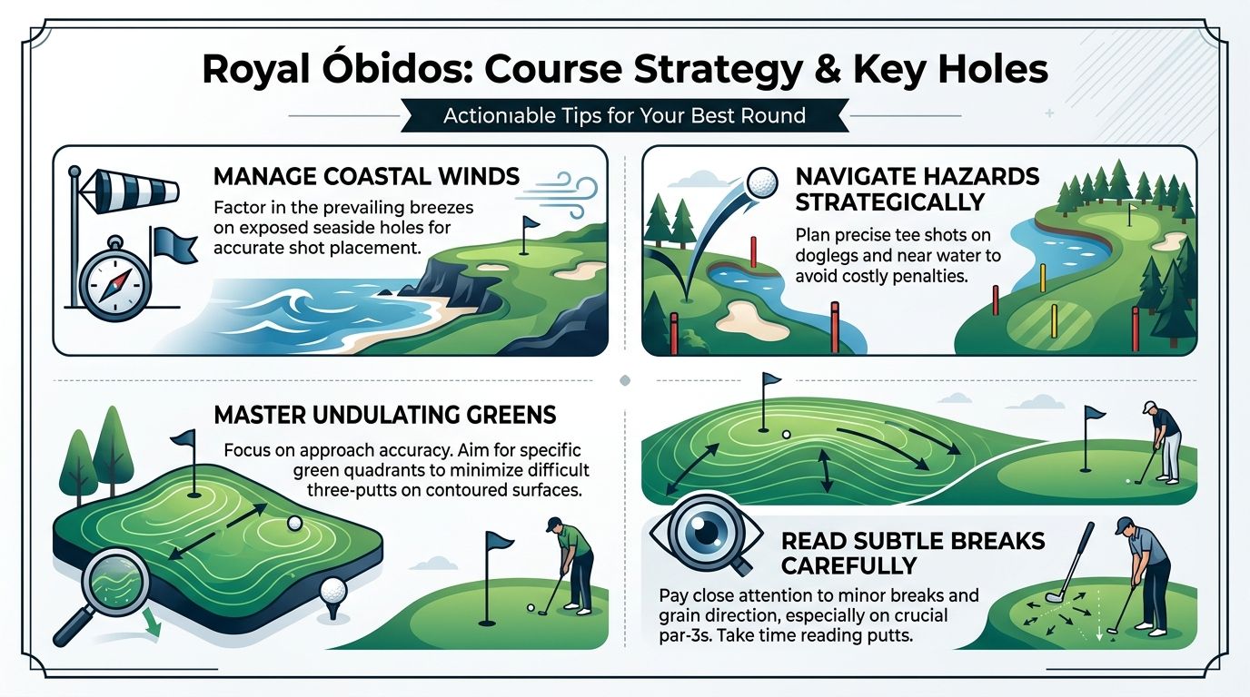 An infographic detailing strategic golf tips for playing at the Royal Obidos golf course.