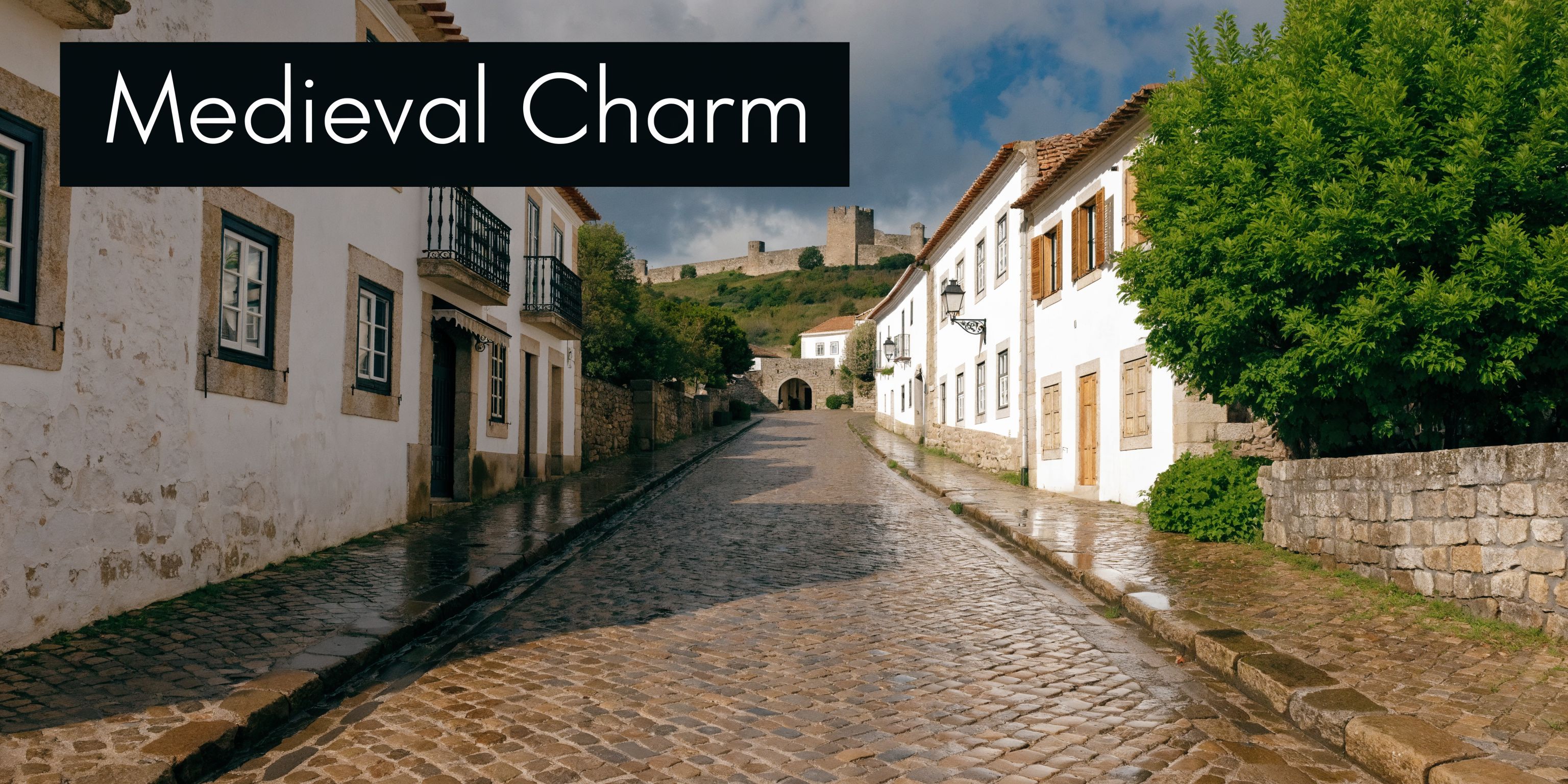 A scenic view of a cobblestone street leading toward a historic medieval castle in a Portuguese village.