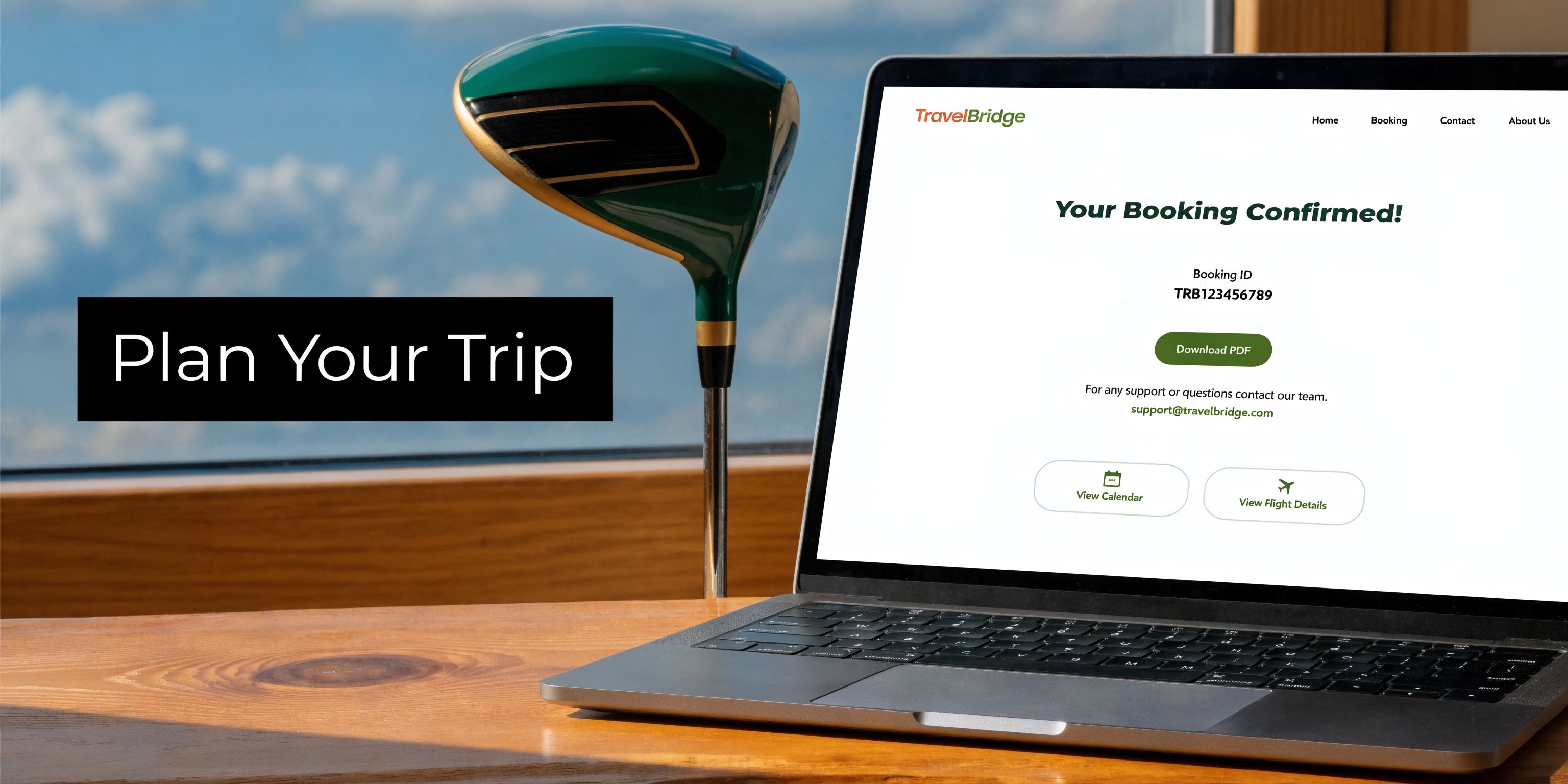 A laptop on a wooden desk displaying a travel booking confirmation page with a golf club nearby.