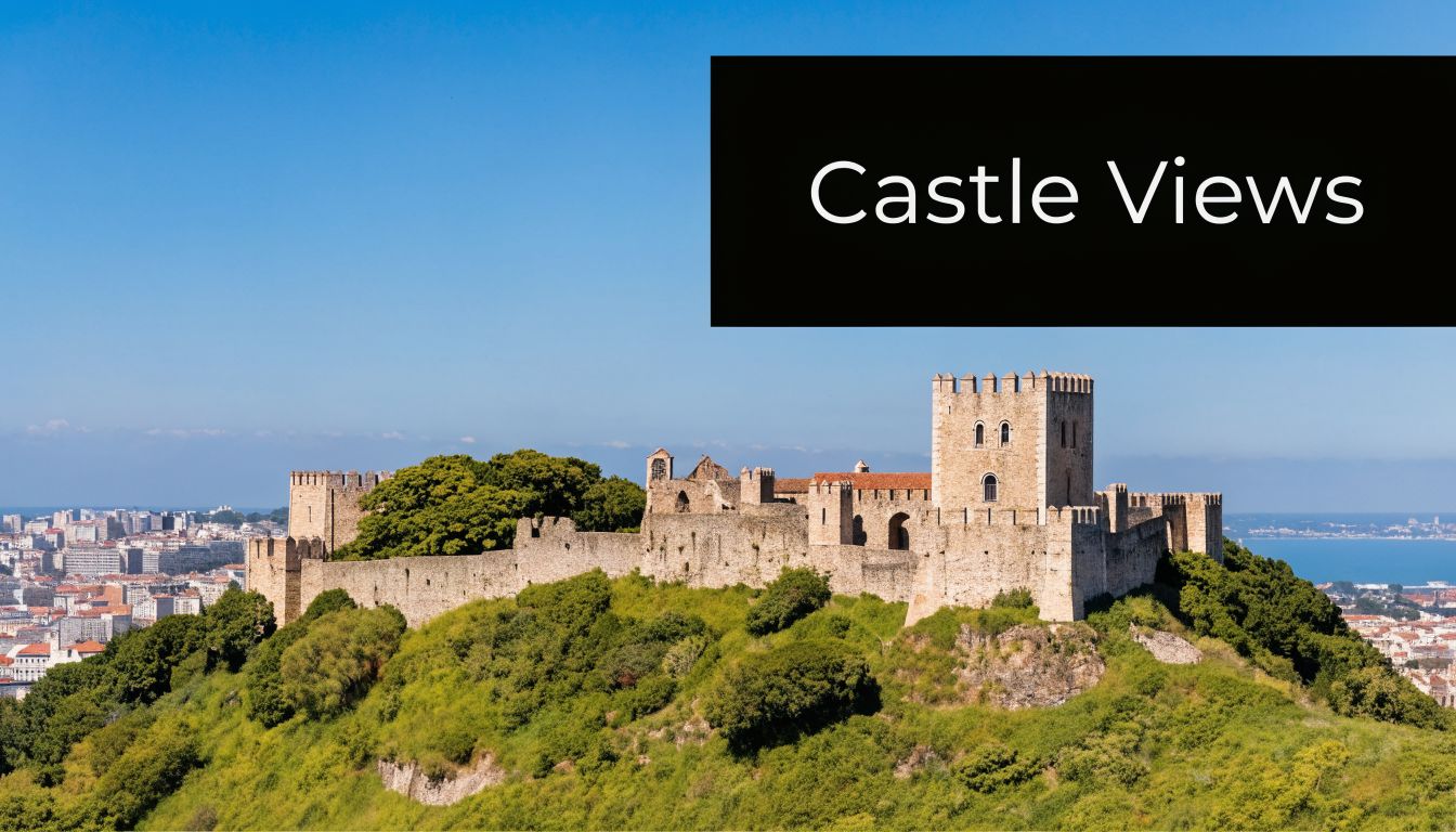 A wide angle view of the historic Sao Jorge Castle overlooking the city of Lisbon, Portugal.