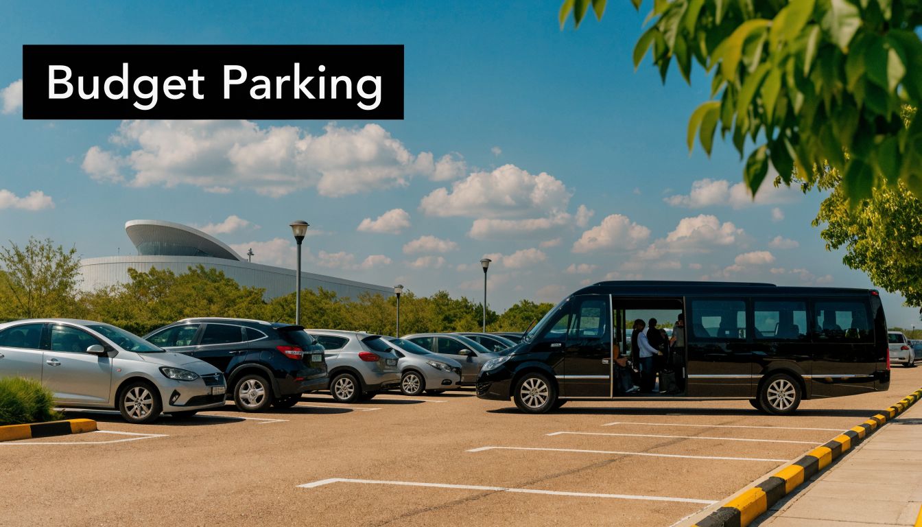 A black shuttle bus picking up passengers at a sunny outdoor airport parking lot.