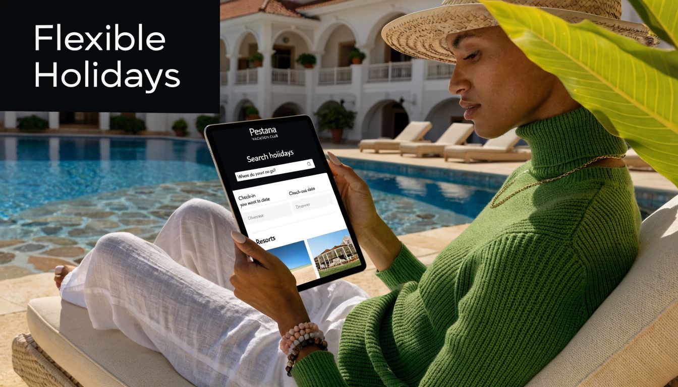A woman wearing a sun hat and green sweater checks her holiday options on a digital tablet.