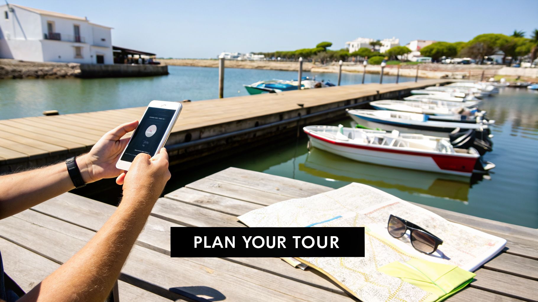 A person uses a smartphone to plan a boat tour at a sunny marina with a map and sunglasses.