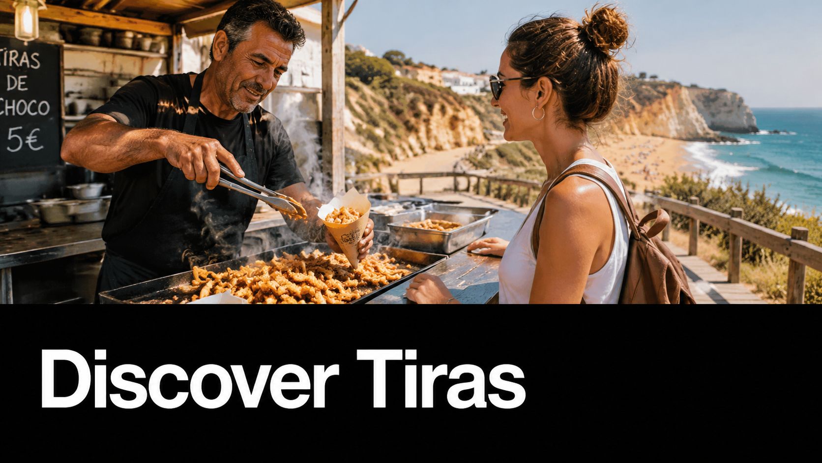 A vendor serving fried cuttlefish strips to a customer at a sunny beachside food stall.