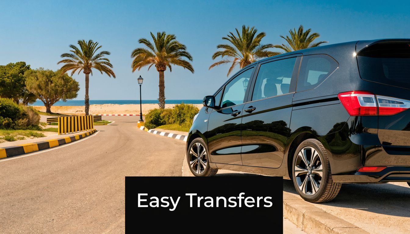 A black minivan parked on a sunny coastal road with palm trees and a sandy beach background.