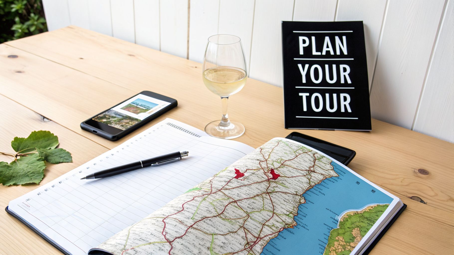 A flat lay of travel planning essentials: map, notebook, smartphone, wine, and 'PLAN YOUR TOUR' sign.