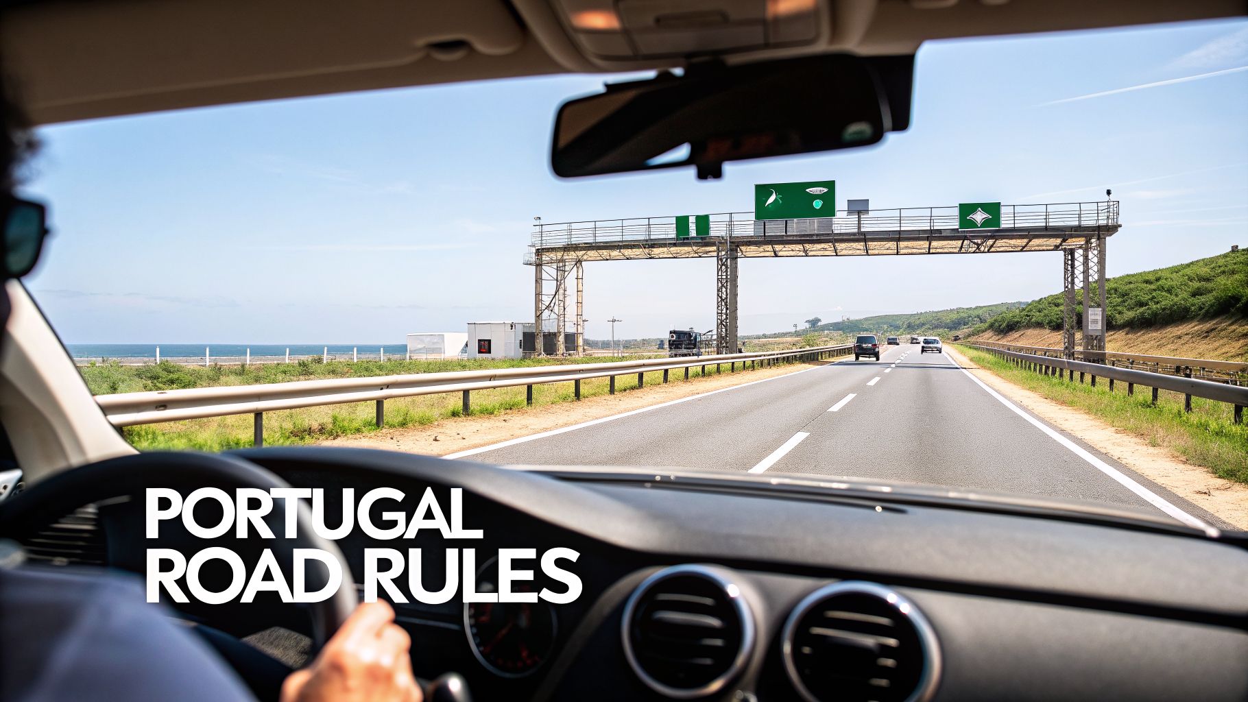 View from a car driving on the A22 motorway in the Algarve, with blue skies and Portuguese landscape.