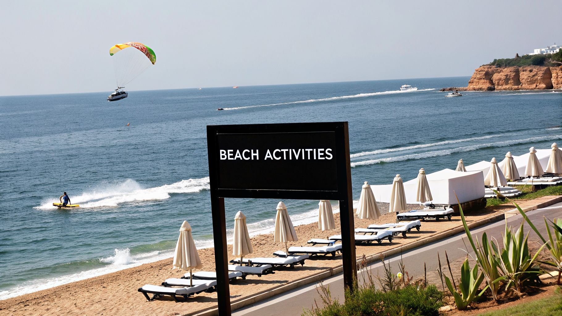 Panoramic view of Oura Beach with diverse water sports, beach umbrellas, and a "Beach Activities" sign.