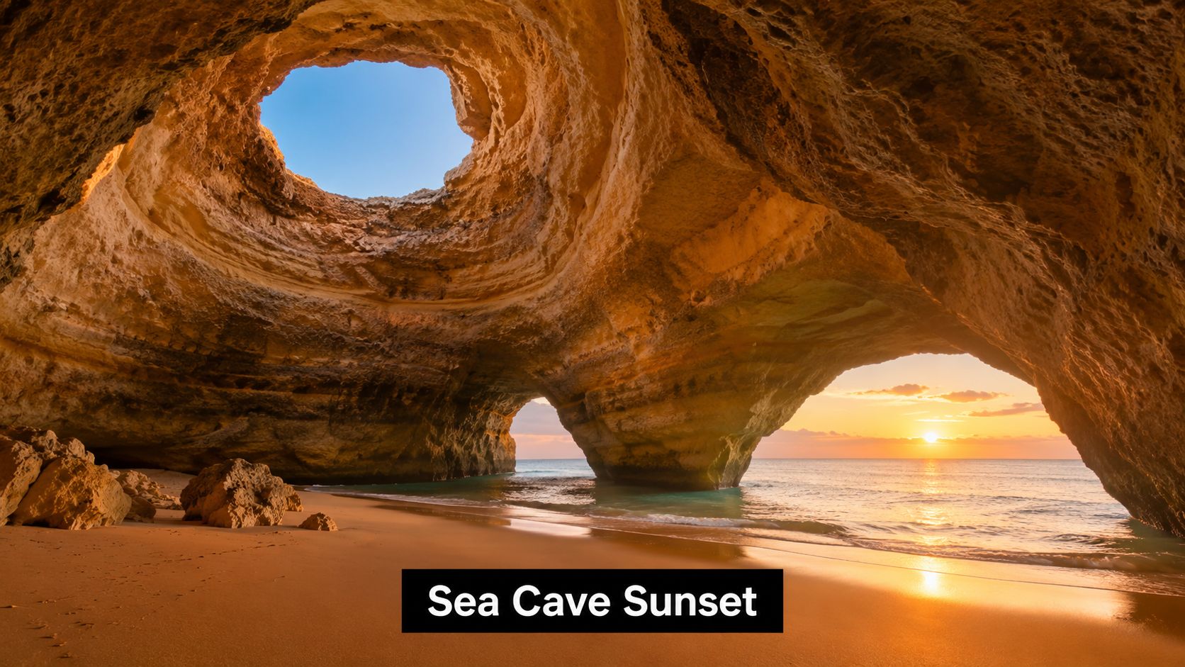 A breathtaking view from inside the Benagil sea cave in Portugal at sunset during golden hour.