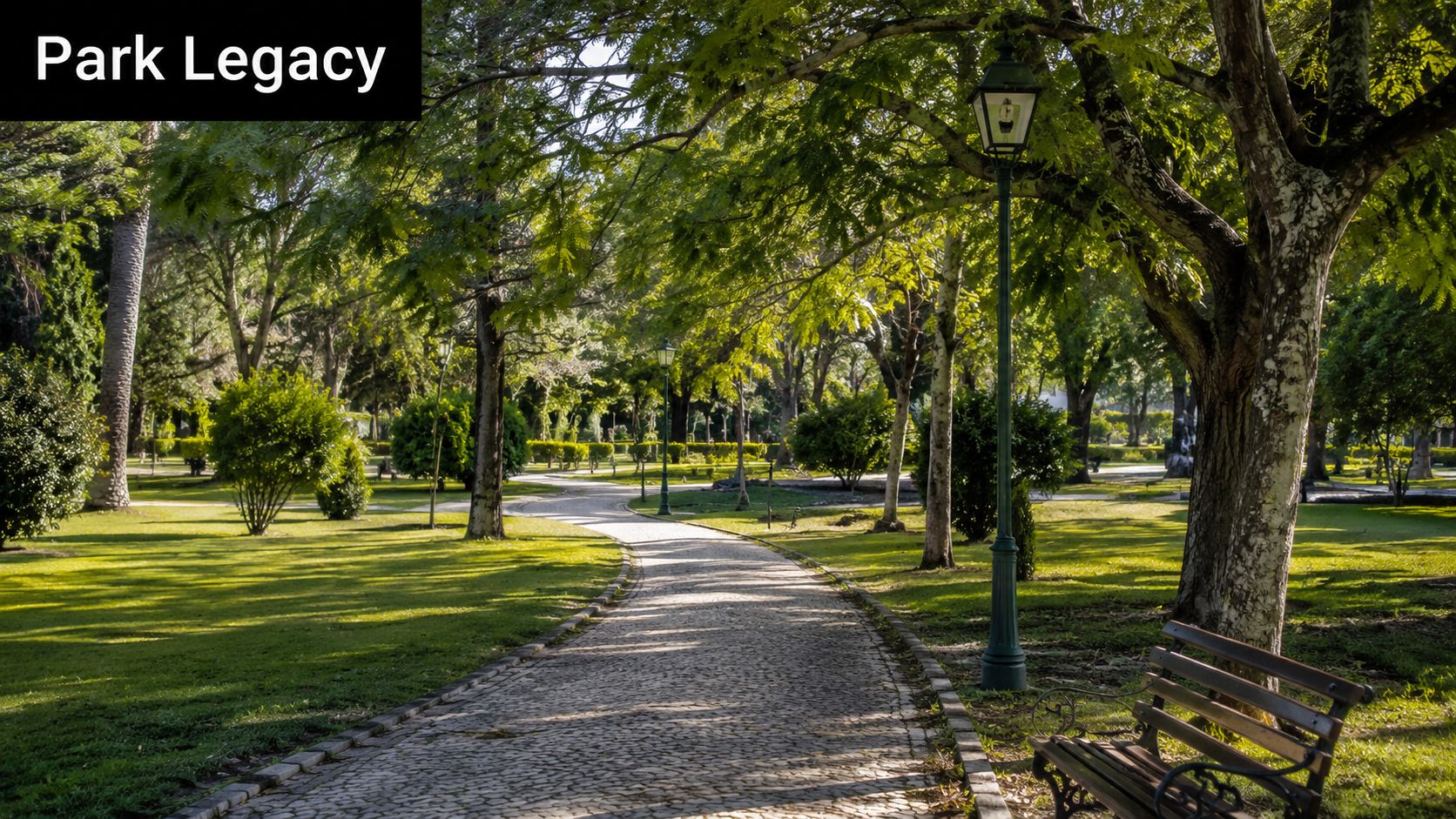 A scenic stone pathway winds through a lush green park filled with tall trees and old-fashioned lamps.