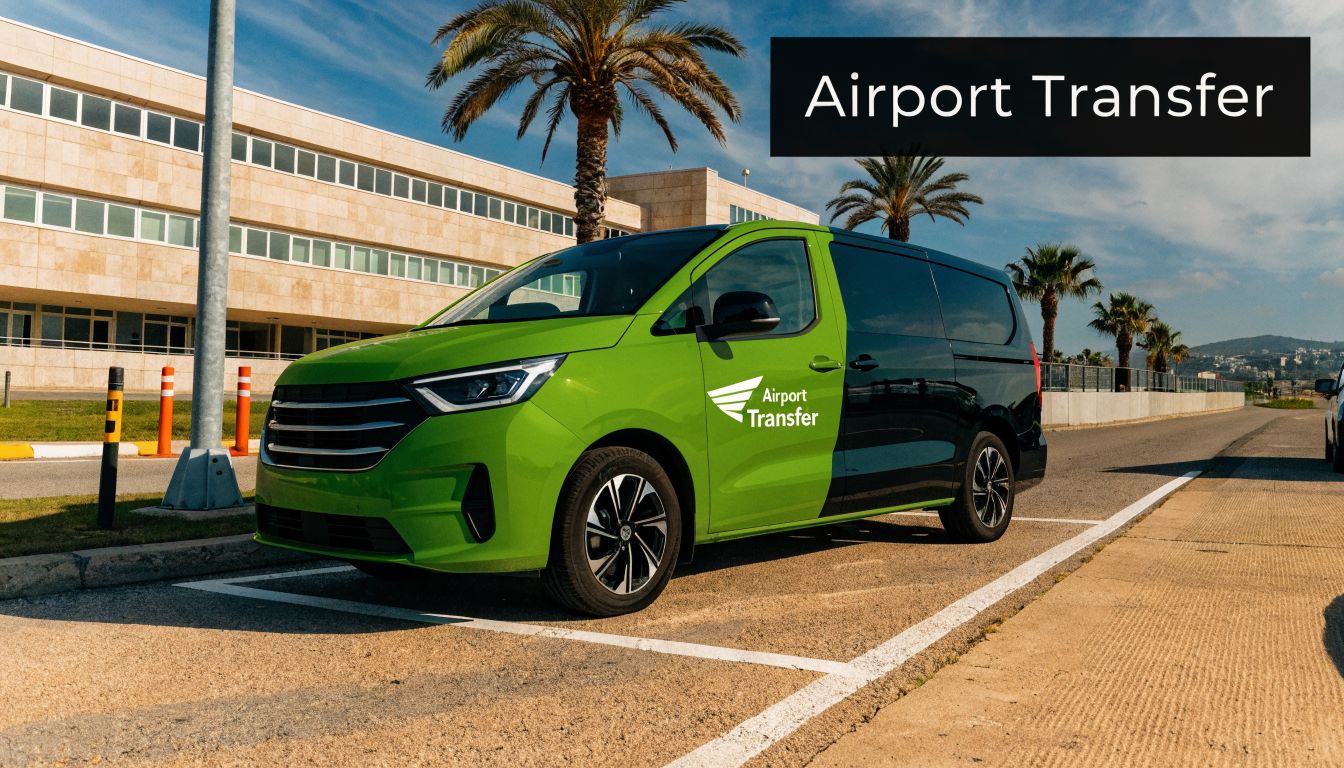 A green and black van used for airport transfers parked in a sunny outdoor parking area.