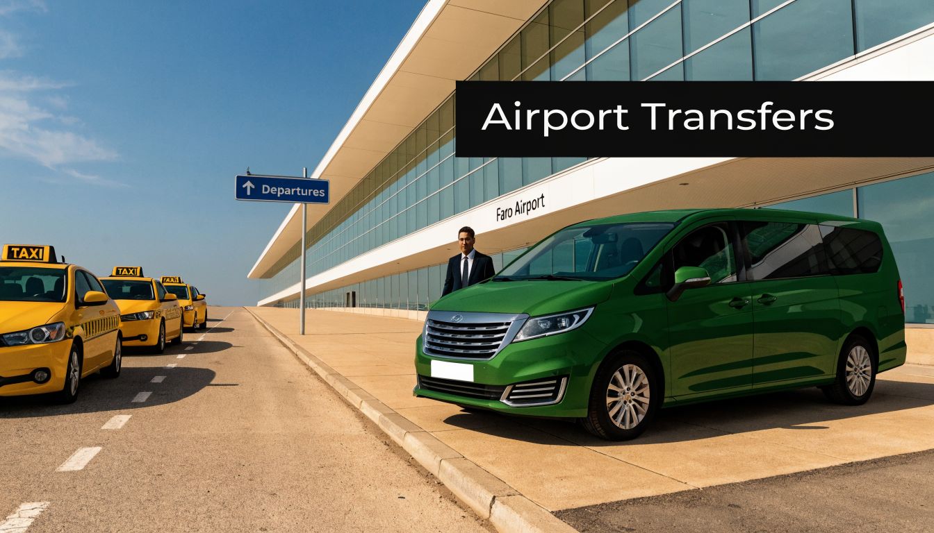 A green minivan waiting for passengers in front of Faro Airport with yellow taxis nearby.