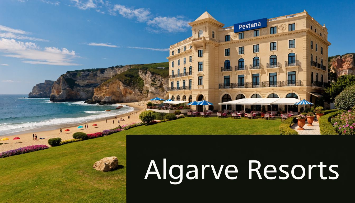 The luxurious Pestana resort building situated on a grassy hill overlooking a scenic sandy beach in Algarve.