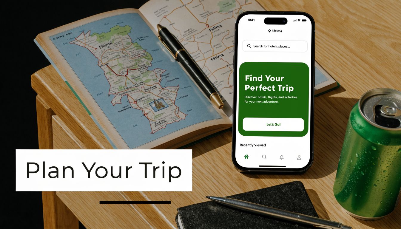 A smartphone displaying a travel planning app on a wooden desk with a map of Portugal.