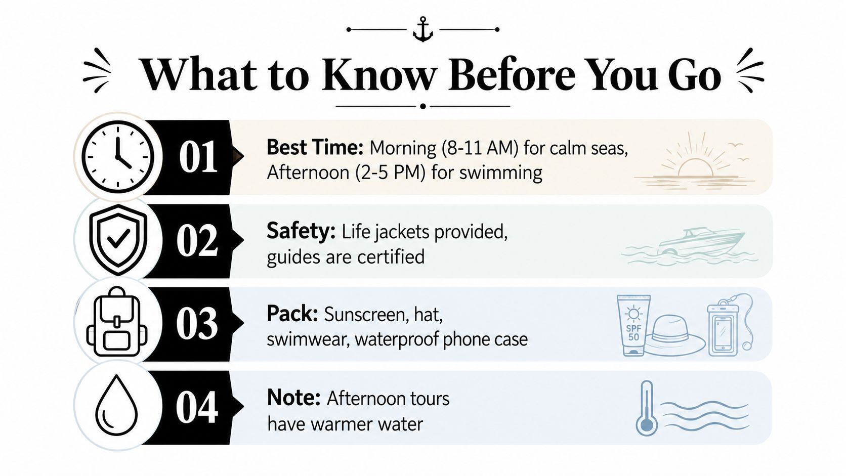 A list of four essential tips for boat tour preparation including timing, safety, packing, and temperature.