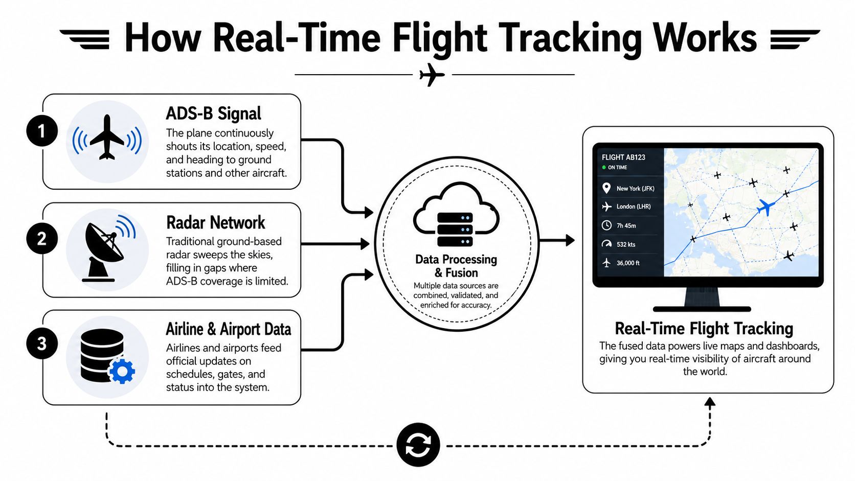 An infographic diagram illustrating how three data sources combine to power real-time flight tracking software systems.