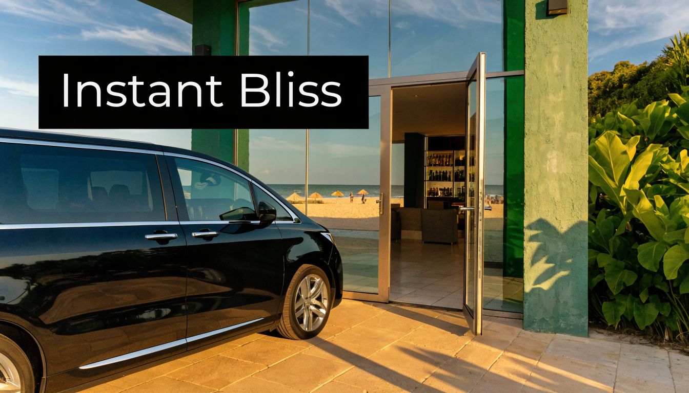 A black luxury minivan parked in front of a modern glass beach club building at sunset.