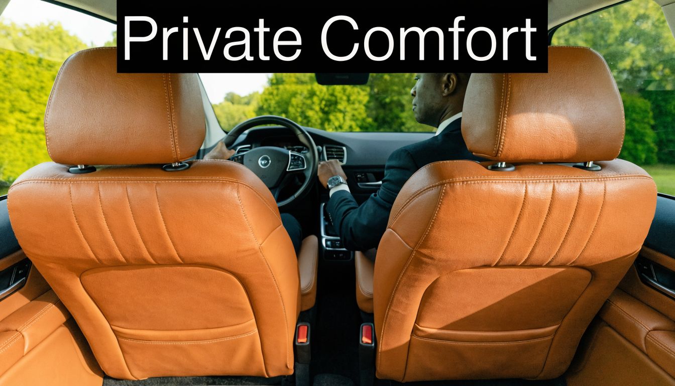 A professional chauffeur driving a luxury vehicle with elegant tan leather interior and private comfort.