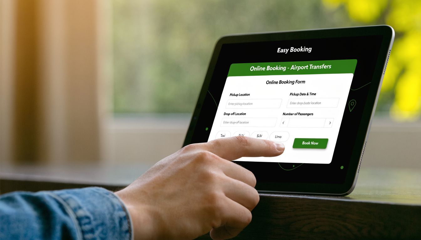A person using a tablet to book an airport transfer service through an online booking form.