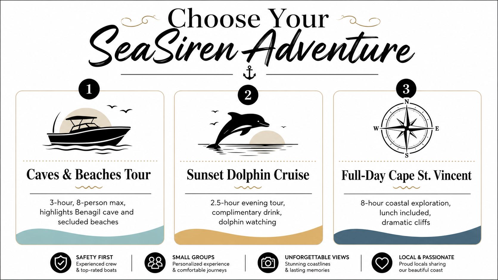 An infographic titled Choose Your SeaSiren Adventure showcasing three different boat tour options with descriptions and icons.