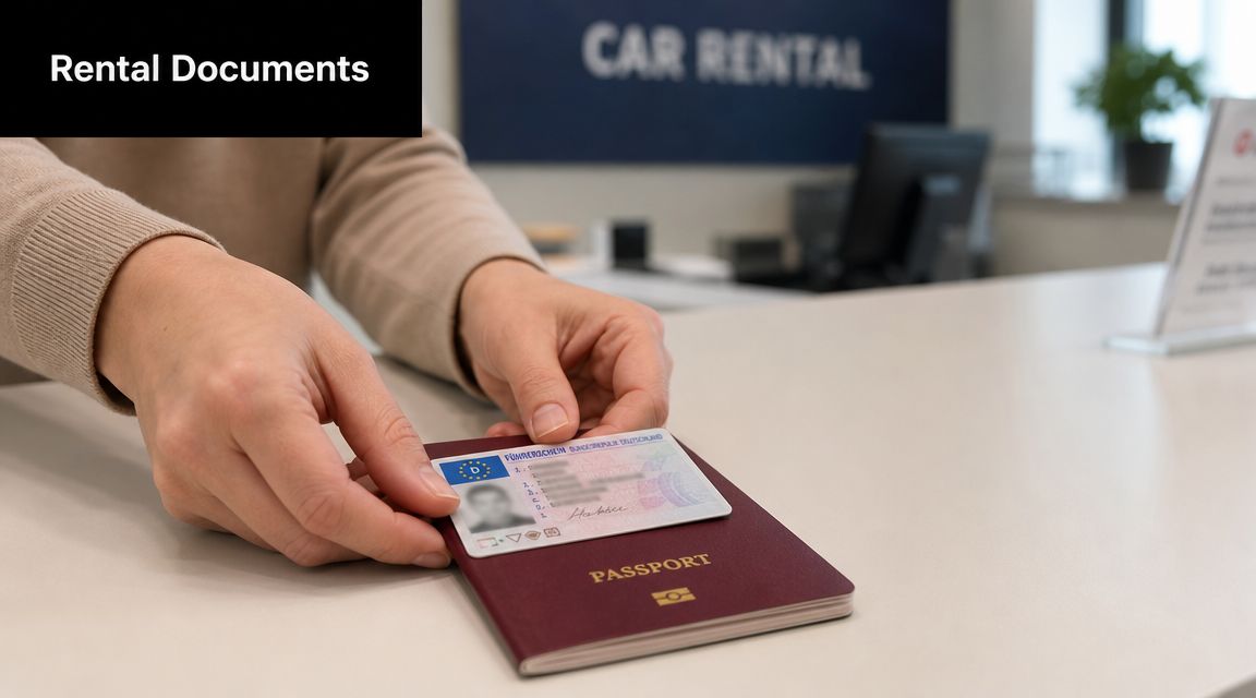A person holding a German driving license over a passport at a car rental service desk counter.