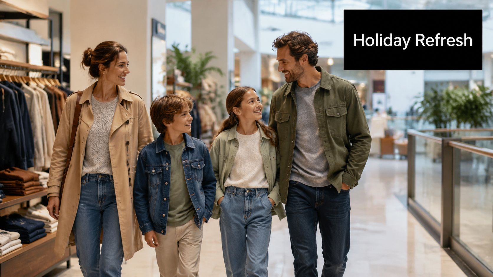 A happy family of four walking through a clothing store at the mall during the holiday season.