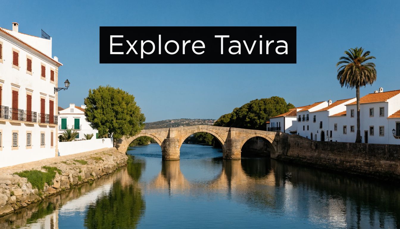 A scenic view of the historic Roman bridge spanning the Gilao River in the town of Tavira, Portugal.