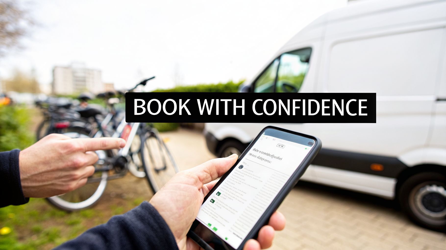 A person holds a smartphone with an app, pointing towards a bicycle, with a white delivery van nearby, displaying 'BOOK WITH CONFIDENCE'.
