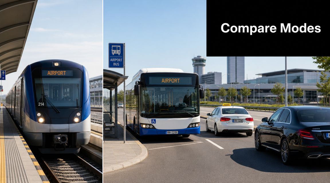 A split-screen comparison showing a train, a bus, a taxi, and a car arriving at an airport.
