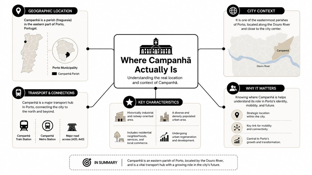 An infographic diagram explaining the geographic location and key characteristics of Campanhã parish in Porto, Portugal.