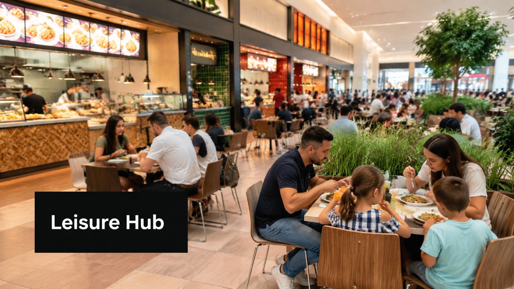 A bright indoor shopping mall food court with people enjoying meals at dining tables.