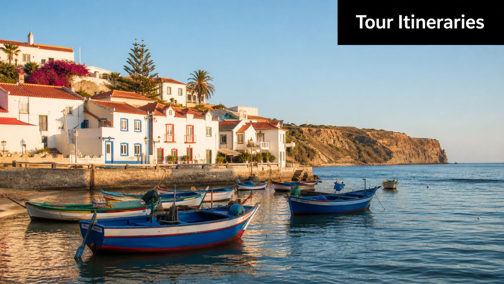 Traditional colorful fishing boats docked in front of white coastal village buildings in Portugal at sunset.