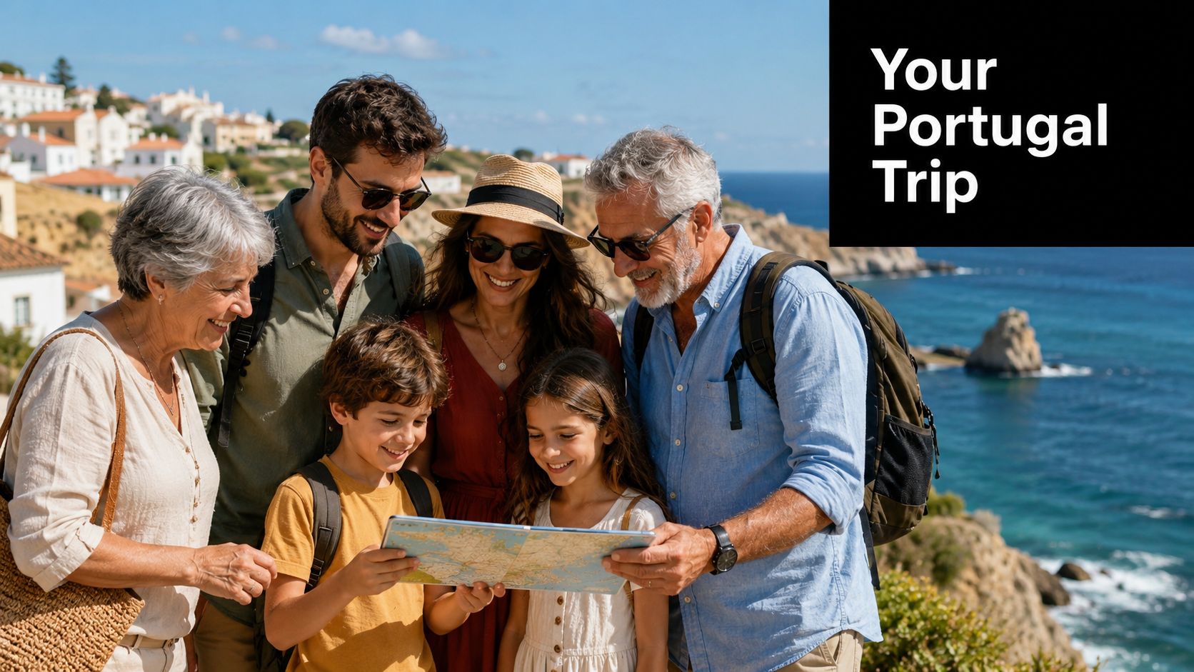 A multi-generational family looking at a map while on a vacation overlooking the beautiful Portuguese coastline.