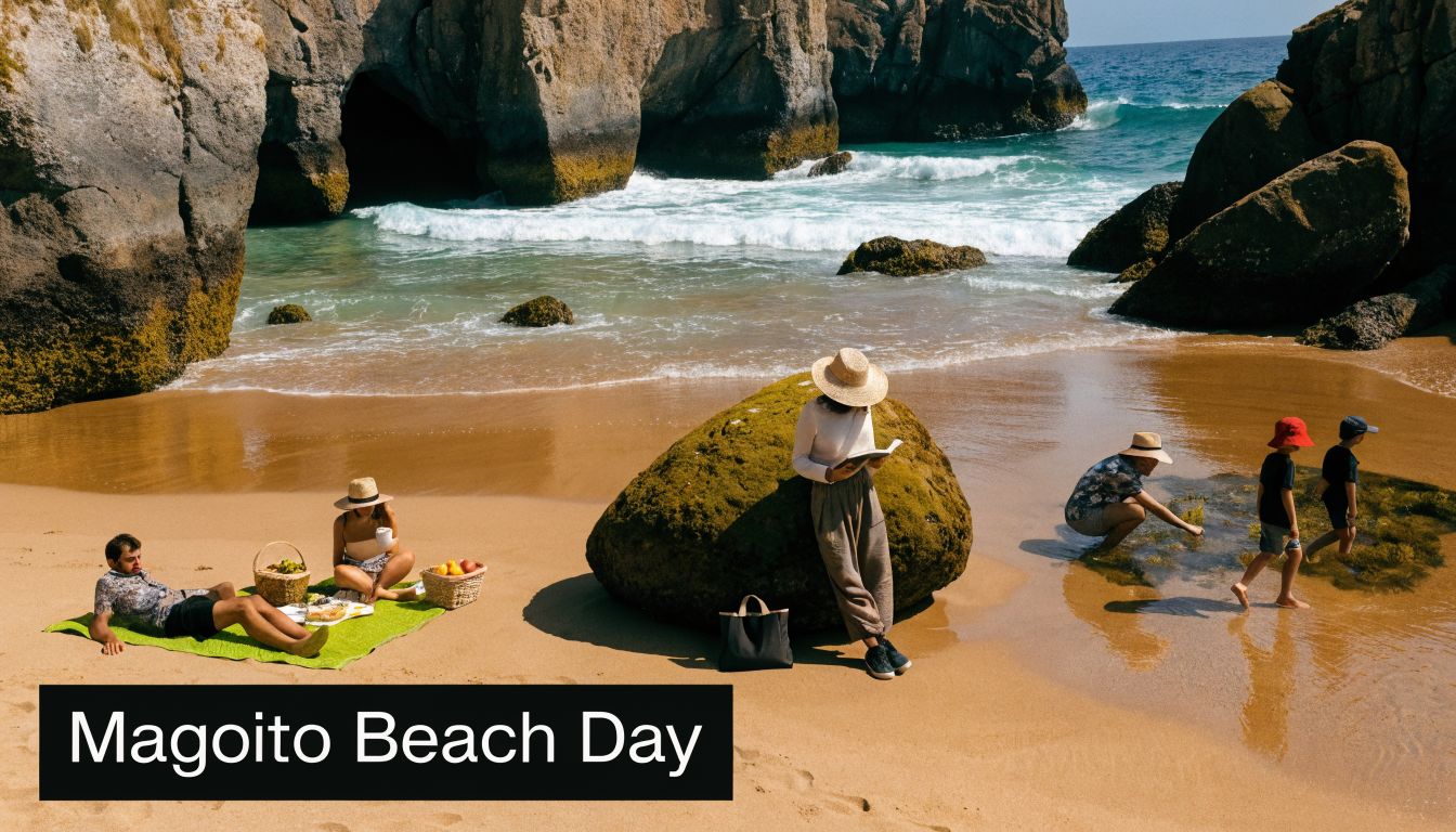 A family enjoying a sunny day of picnicking and exploring by the sea at Magoito Beach.