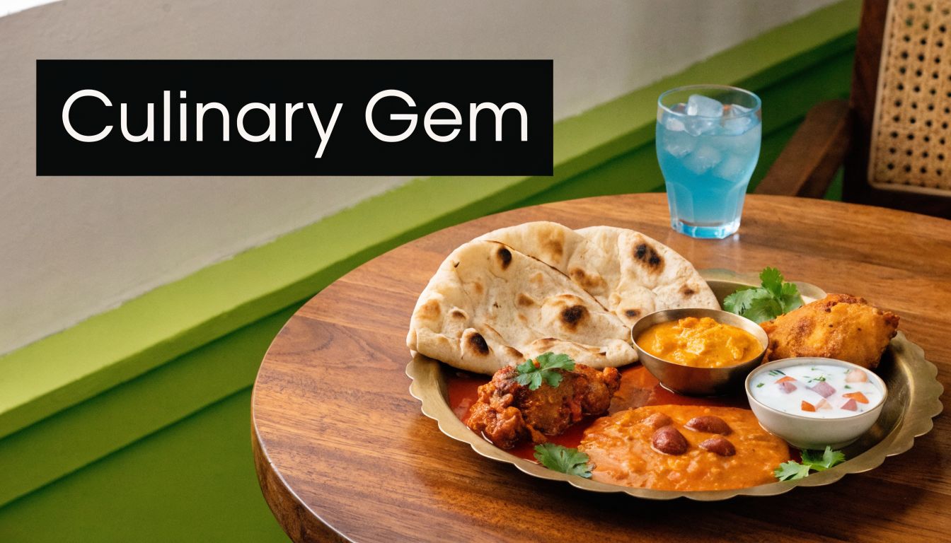 A delicious Indian thali meal featuring curry, bread, raita, and a blue beverage on a wooden table.