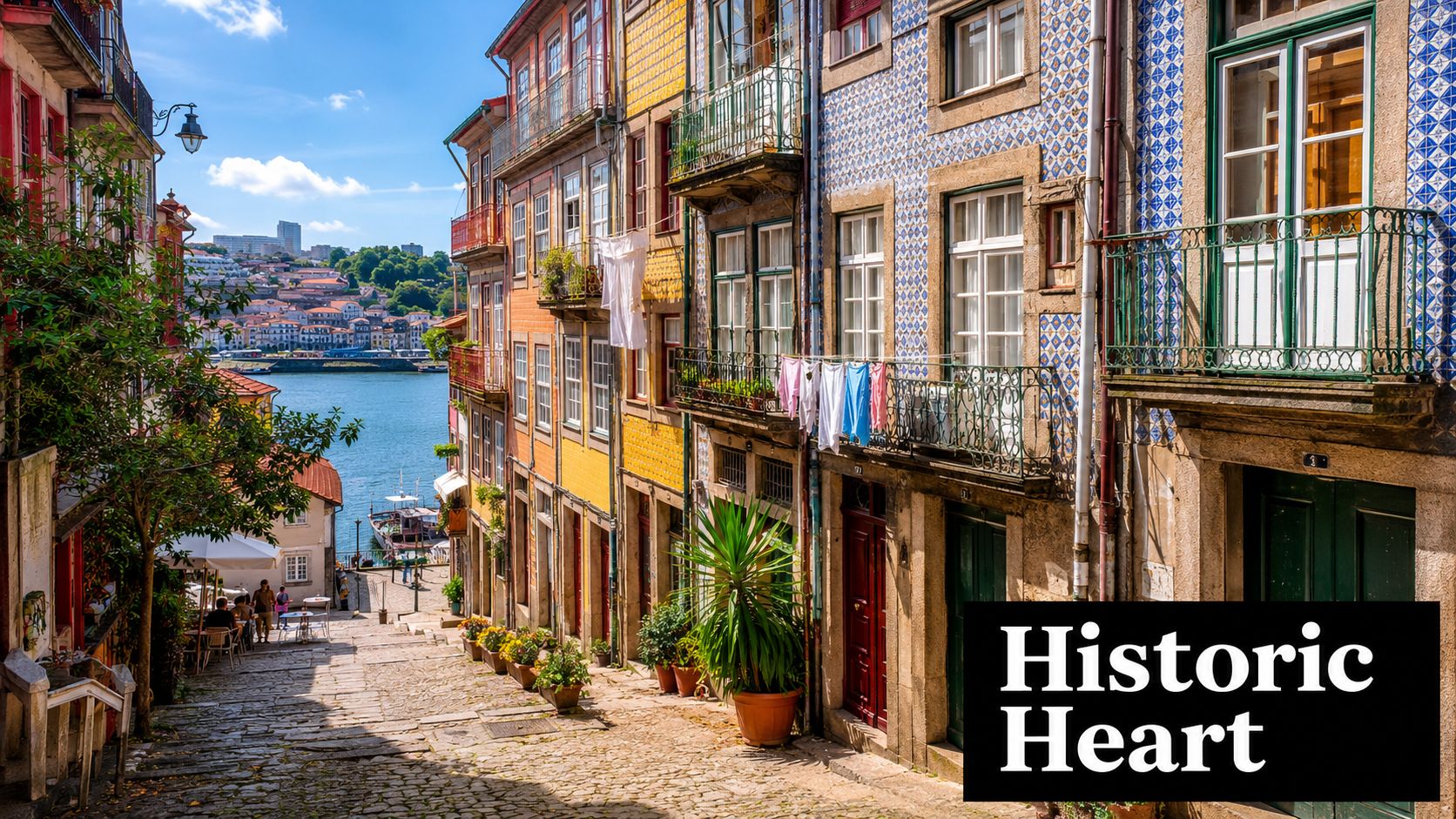 A picturesque cobblestone street in Oporto, Portugal, leading toward the scenic Douro River with colorful apartment buildings.